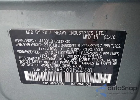 2016 Subaru Forester 2.5I z USA, uszkodzony, nr VIN JF2SJABCXGH544330